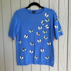 Talbots Butterfly Sequin Embellished Cloud Blue Knit Top Blouse Short Sleeve - M